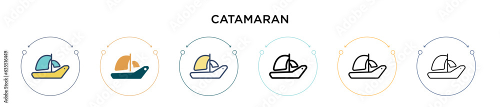 Poster catamaran icon in filled, thin line, outline and stroke style. vector illustration of two colored an