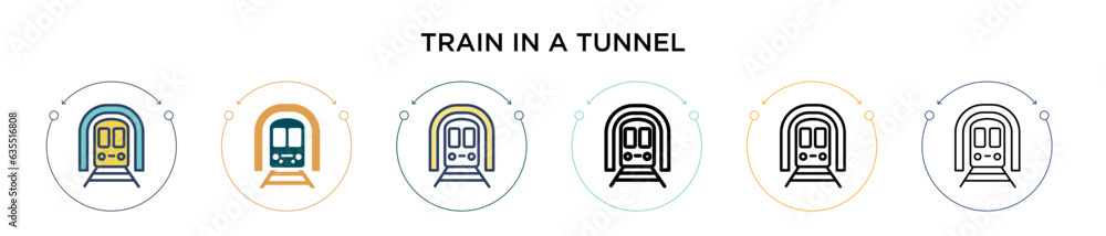Poster train in a tunnel icon in filled, thin line, outline and stroke style. vector illustration of two co