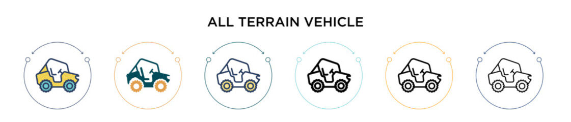 All terrain vehicle icon in filled, thin line, outline and stroke style. Vector illustration of two colored and black all terrain vehicle vector icons designs can be used for mobile, ui, web © Digital Bazaar