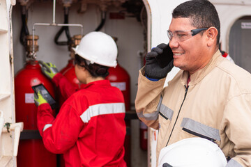 Engineer discussing over phone, with colleague working in industrial backdrop