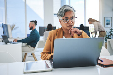 Business, stress and woman with laptop, thinking and connection with network, deadline and online...