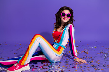 Photo of funky adorable girl dressed striped overall dark star eyewear enjoying disco isolated...