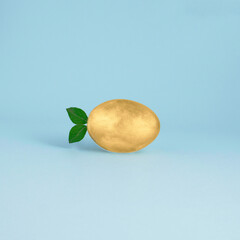 Creative idea golden egg with green leaves in the shape of a fish. Food concept.
