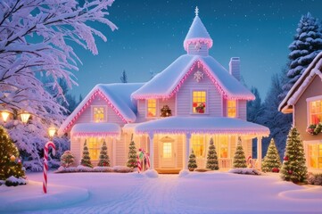 Fantastic winter landscape with glowing wooden cabin in snowy forest. Cozy house in mountains. Beautiful winter house and christmas tree. Christmas holiday concept