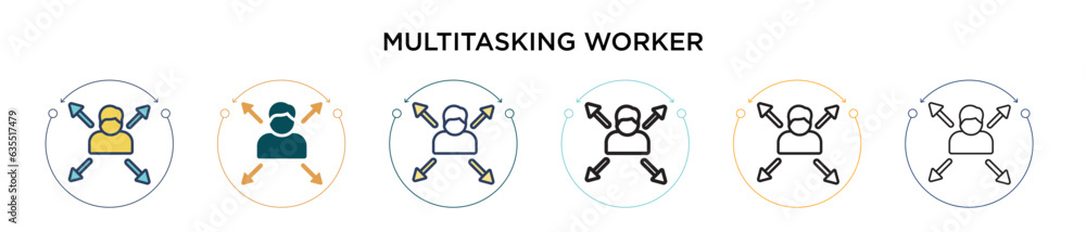 Poster multitasking worker icon in filled, thin line, outline and stroke style. vector illustration of two 