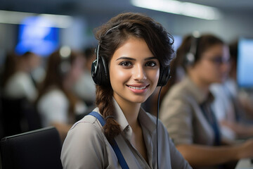 Indian call centre - Pretty female Customer Representative communicating with customer on microphone - obrazy, fototapety, plakaty