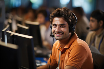 Indian call centre - Asian Male Customer Representative communicating with customer on microphone