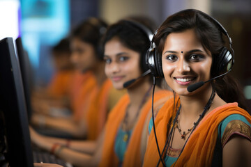 Indian call centre - Pretty female Customer Representative communicating with customer on microphone - obrazy, fototapety, plakaty