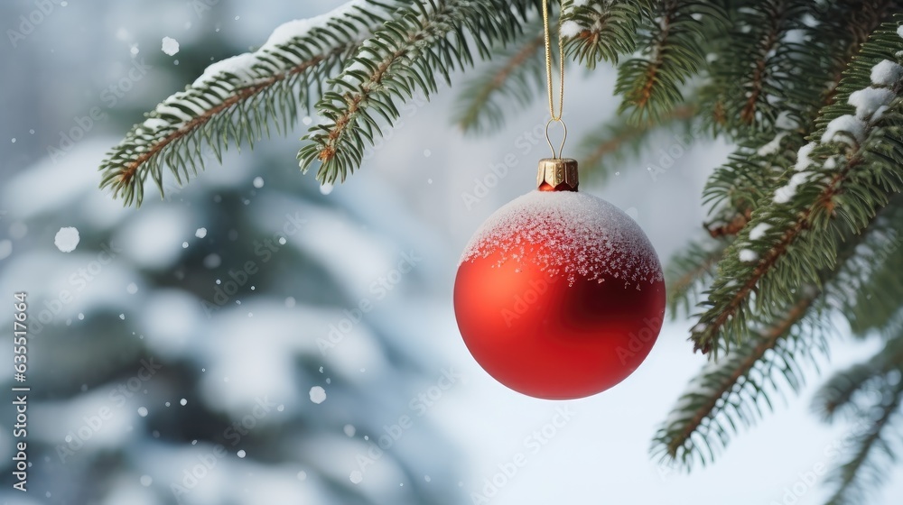 Poster globe christmas ornament hanging from a tree branch created with generative ai technology