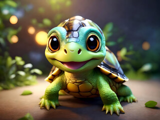 3D Cute smile little turtle kawaii character Realistic hatchling with big eyes, Generative AI