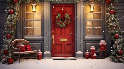 Generative AI, Front door with Christmas decoration, wreath and garland. Red and grey colors