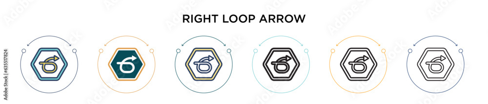 Poster right loop arrow icon in filled, thin line, outline and stroke style. vector illustration of two col