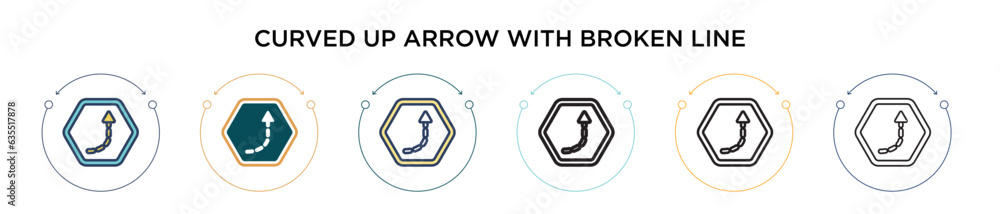 Poster curved up arrow with broken line icon in filled, thin line, outline and stroke style. vector illustr