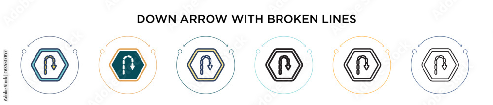 Poster down arrow with broken lines icon in filled, thin line, outline and stroke style. vector illustratio
