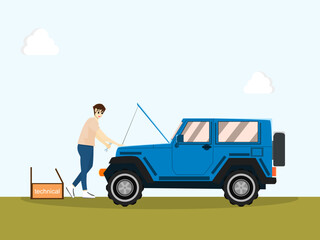 teenager man inspecting car repairs Parked in the back gardenIsolated on background. Technical check repair mobile car home. Vector illustration cartoon style activity weekend, relax time, happy life 