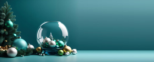Fototapeta na wymiar 3d render, Christmas wallpaper with blank mockup. Blue background with empty glass ball decorated with ornaments, green spruce and gifts, Generative IA
