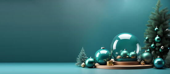 3d render, Christmas wallpaper with blank mockup. Blue background with empty glass ball decorated with ornaments, green spruce and gifts, Generative IA
