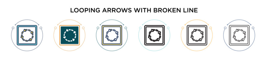 Looping arrows with broken line icon in filled, thin line, outline and stroke style. Vector illustration of two colored and black looping arrows with broken line vector icons designs can be used for