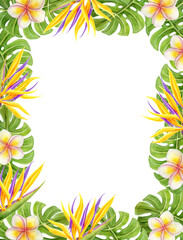 Fototapeta na wymiar Tropical watercolor frame with frangipani, strelitzia, paradise bird flowers and palm leaves. Design element. Aloha Hawaii greeting card.