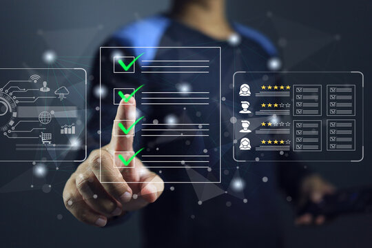 Businessman click on green check mark customer online survey to evaluating a vendor supplier industrial facility and rated a maximum of five stars according to the ISO documentation management system.
