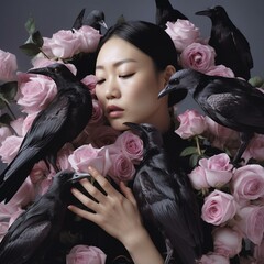 Graceful Contrasts Graced by Pink Roses and Enveloped by Black Crows