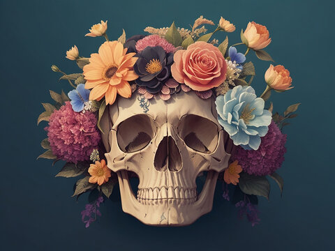 skull with flowers on its head generative ai 