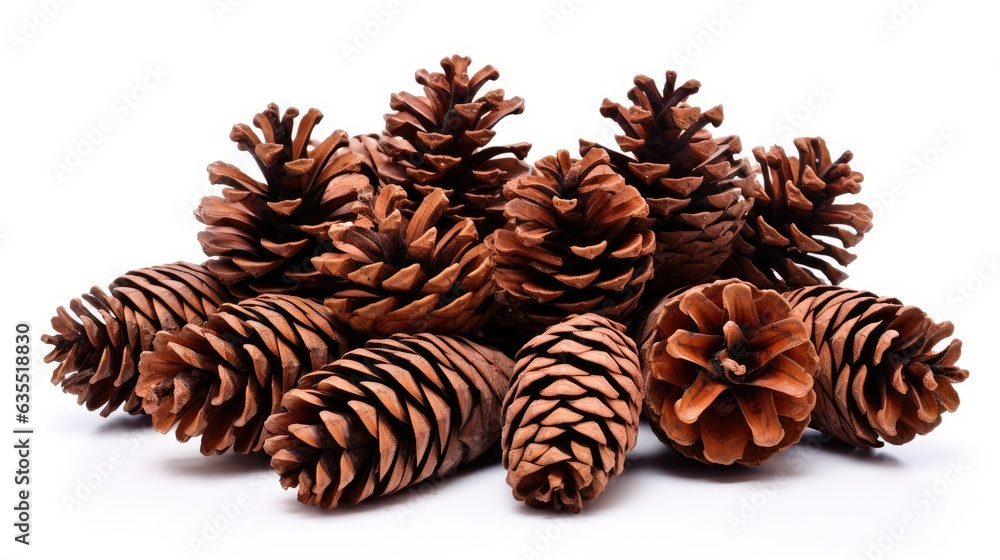Poster pine cones isolated on white background, christmas object equipment created with generative ai techn