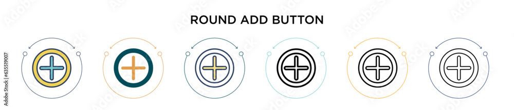 Poster round add button icon in filled, thin line, outline and stroke style. vector illustration of two col