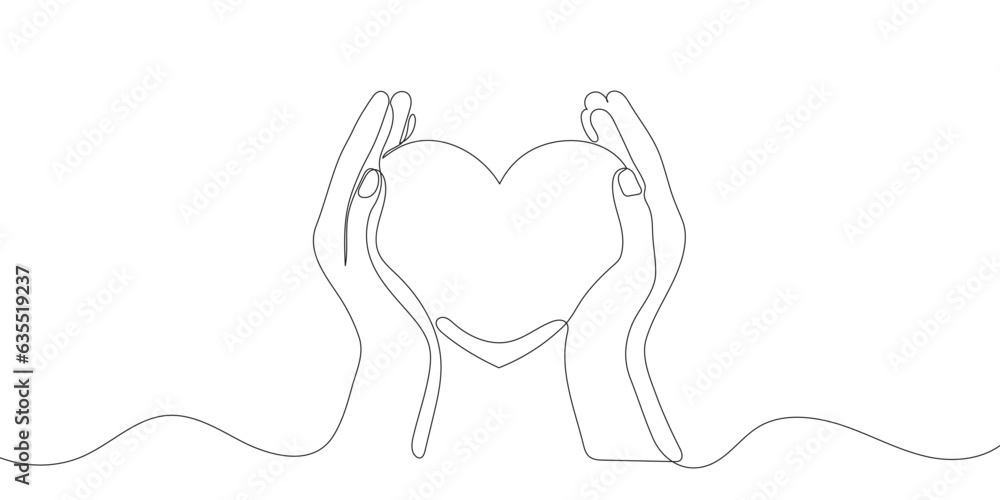 Wall mural continuous one line drawing of hands holding a heart on a white background. vector illustration