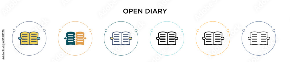 Poster open diary icon in filled, thin line, outline and stroke style. vector illustration of two colored a