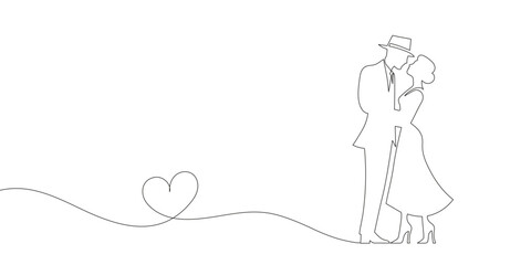 continuous line drawing of man and woman kissing. Love concept on white background. Vector illustration