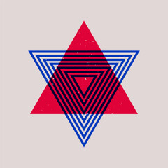Geometric memphis shapes riso print effect. Minimal abstract triangle duotone overlay elements risograph pattern. Vector art