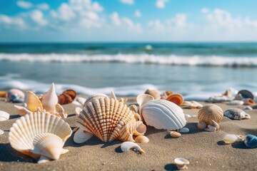 Fototapeta na wymiar seashells scattered on a sandy shore - travel concept (Generative AI)