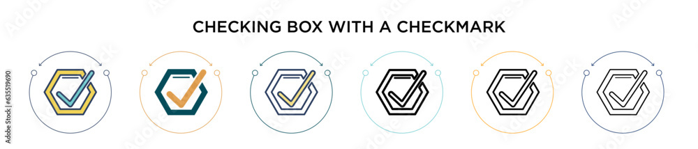 Poster checking box with a checkmark icon in filled, thin line, outline and stroke style. vector illustrati