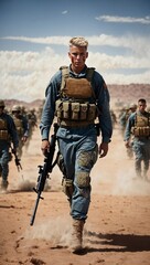 A group of men walking across a dirt fiel