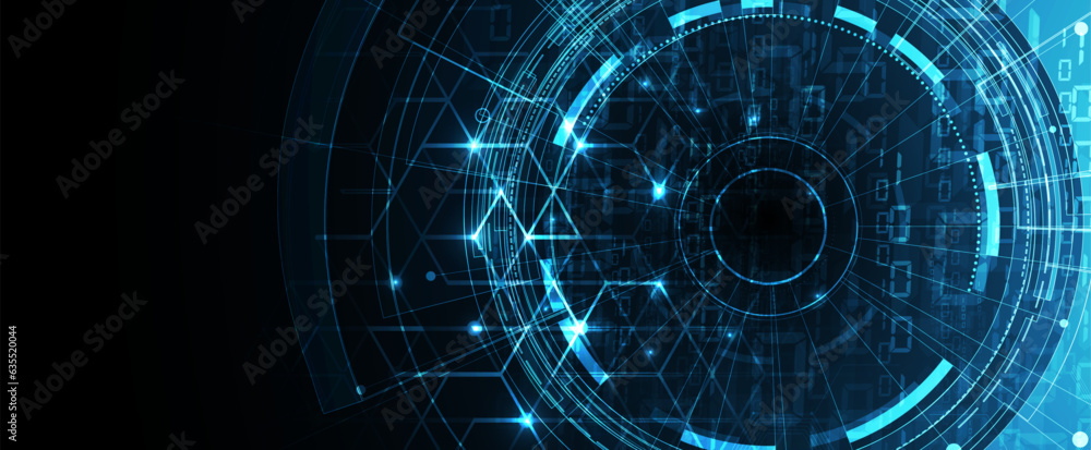 Poster Technology banner design with hexagons abstract background.