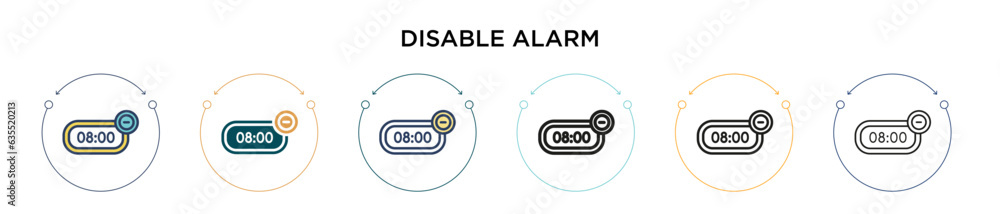 Poster disable alarm icon in filled, thin line, outline and stroke style. vector illustration of two colore