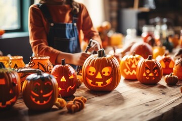 Stunning close-up photograph of a child carving pumpkins for Halloween, emphasizing the creative side of the season and the emotional connection between them. Generative A.I.