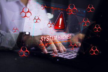 Laptop computer screen show alarm or display system hacked red virus floating around meaning information stolen by hacker through the weak protected internet cyber system. cyber security concept.