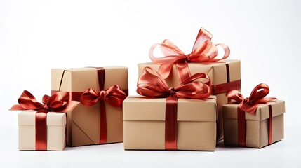 Wrapped vintage gift box with red ribbon bow, isolated on white created with Generative AI technology