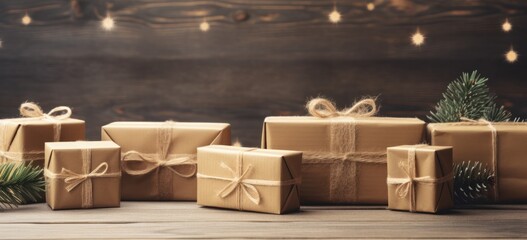 Eco-friendly Christmas gifts wrapped in kraft paper with pinecones. Concept of sustainable celebrations.