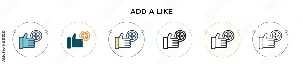 Poster add a like icon in filled, thin line, outline and stroke style. vector illustration of two colored a