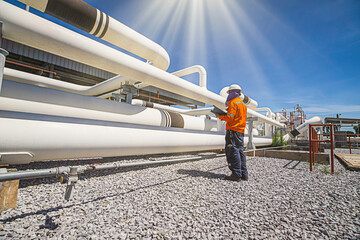 Male worker inspection at steel long pipes and pipe elbow in station oil factory during refinery valve of visual check record pipeline oil