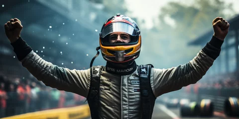 Deurstickers Race Car Driver Soaks in the Moment of Victory: A race car driver soaks in the moment of victory, his face beaming with happiness. © Bartek
