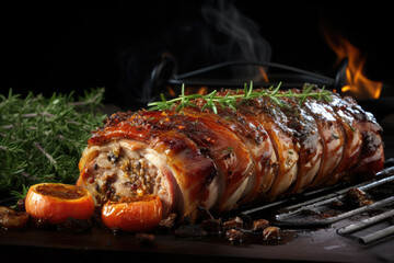 Classic baked pork porchetta with thin smoke, garnished with various herbs