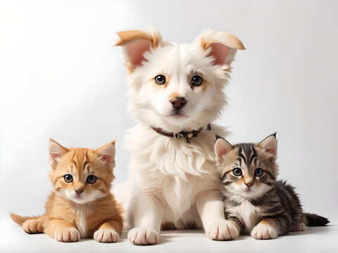 Banner for a pet shop a dog and two kittens on a white on-white background, Generative AI