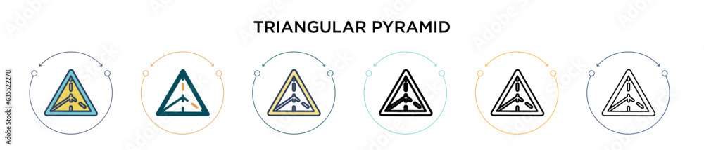 Poster triangular pyramid icon in filled, thin line, outline and stroke style. vector illustration of two c