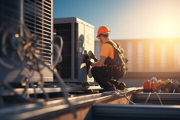 Technician working on air conditioning outdoor unit on hot sunny day. HVAC worker professional occupation. - obrazy, fototapety, plakaty