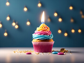 Birthday Cupcake With One Candle. Copy Space, Generative AI
