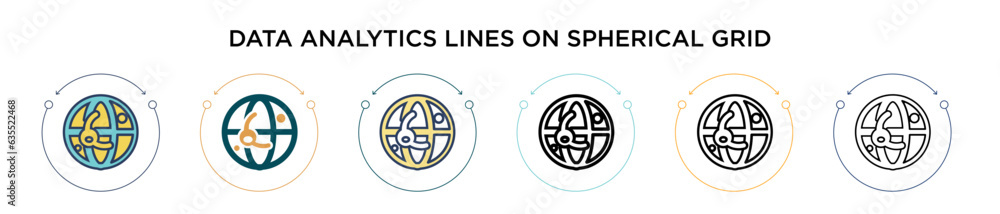 Poster data analytics lines on spherical grid icon in filled, thin line, outline and stroke style. vector i